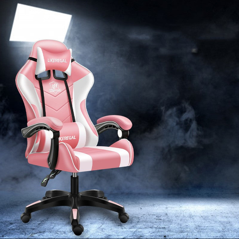 Modern office gaming chair with pink and white design, ergonomic features, and adjustable height.