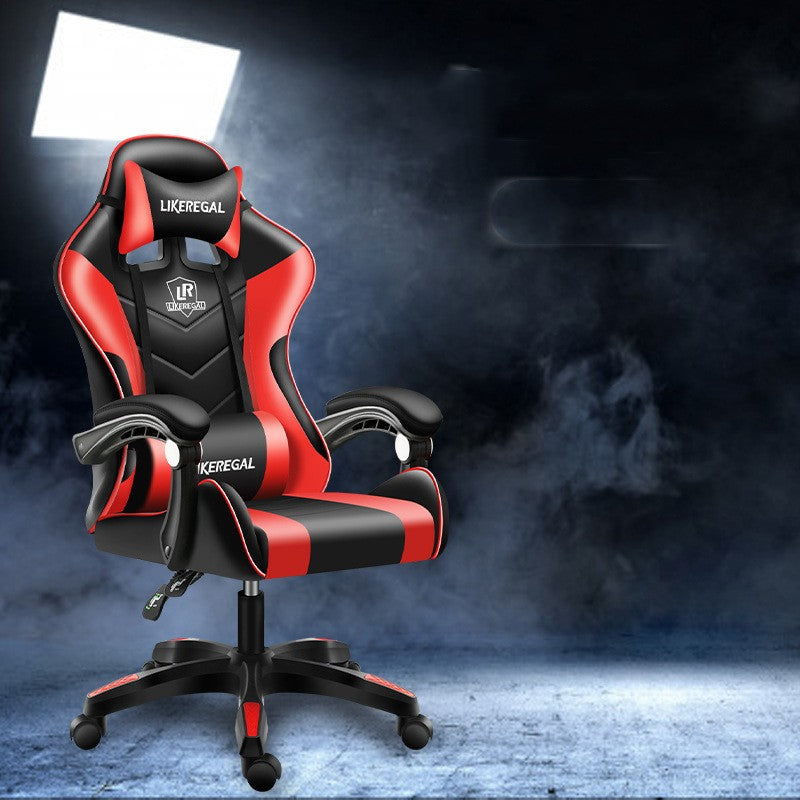 Modern office gaming chair in black and red leather with adjustable armrests and sponge filling.