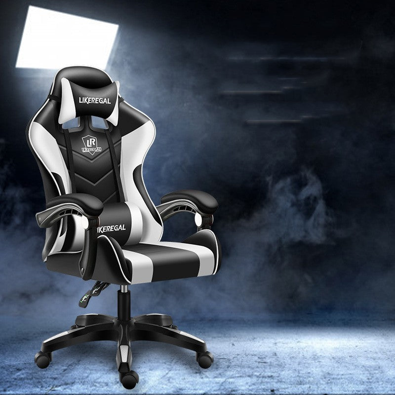 Modern office gaming chair in black and white design with comfortable seating and adjustable features.
